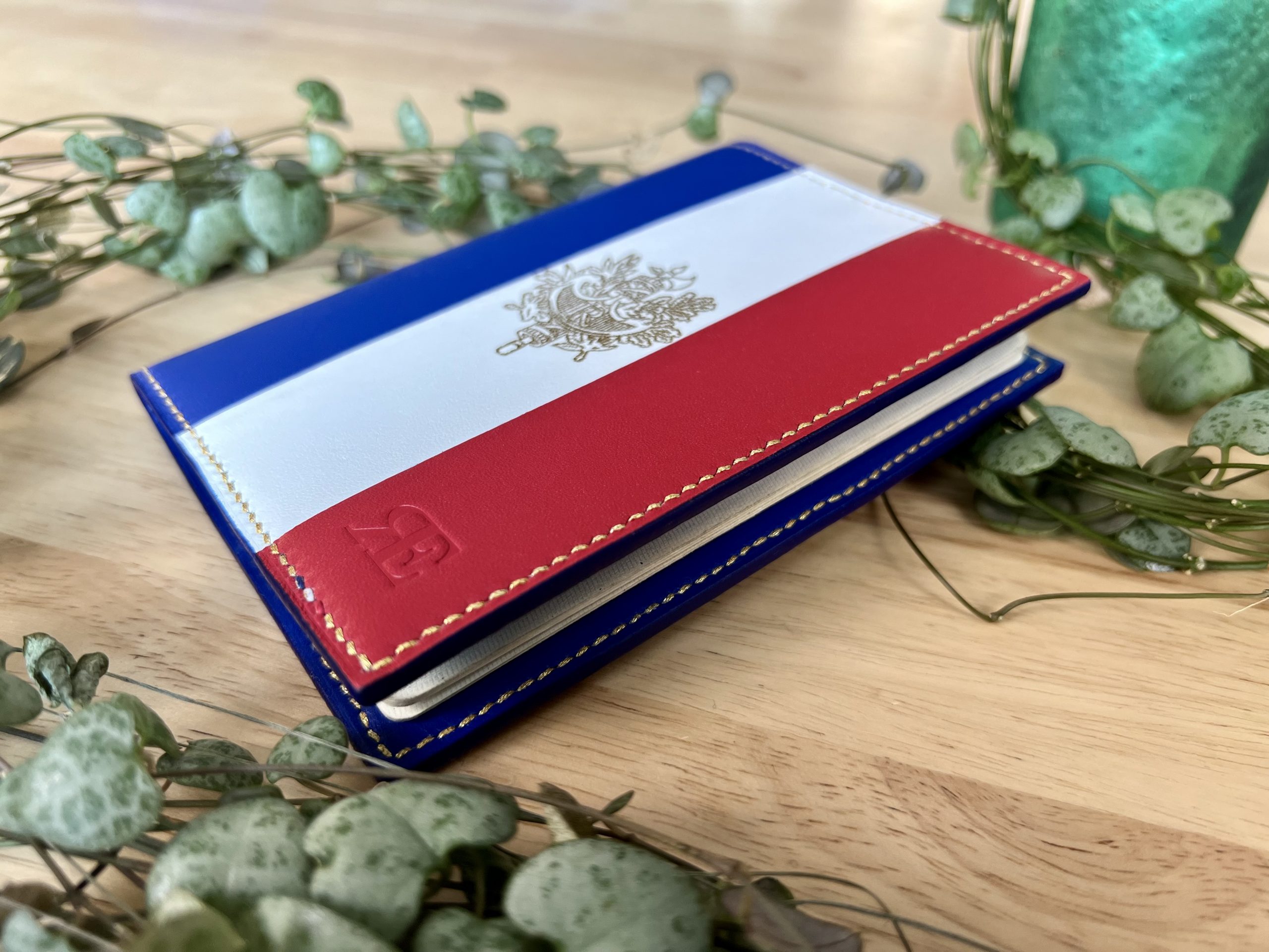 Protège passeport bleu blanc rouge et estampe dorée avec vue sur le tranche